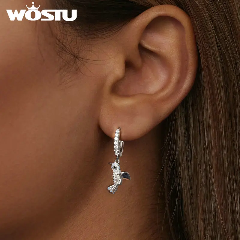 WOSTU 925 Sterling Silver Kingfisher Bird Drop Dangle Earrings luxury Wedding Jewelry Full of Stone CZ 3D Birds Pendant Necklace