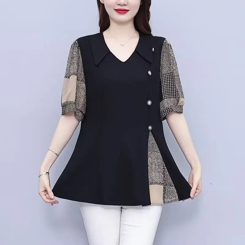 Women Summer Simplicity Loose Large Size Patchwork Chiffon V-neck Short Sleeve Shirts Women Clothes All-match Appear Thin Tops