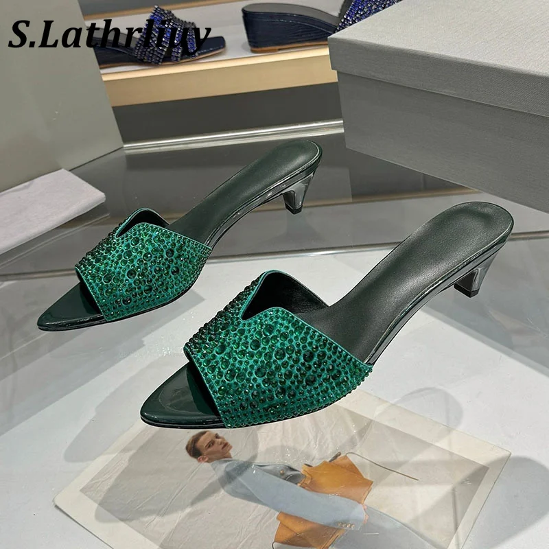 low heeled  with shiny crystal decoration leather solid color sandals 2026summer new sexy party slippers office commuting shoes