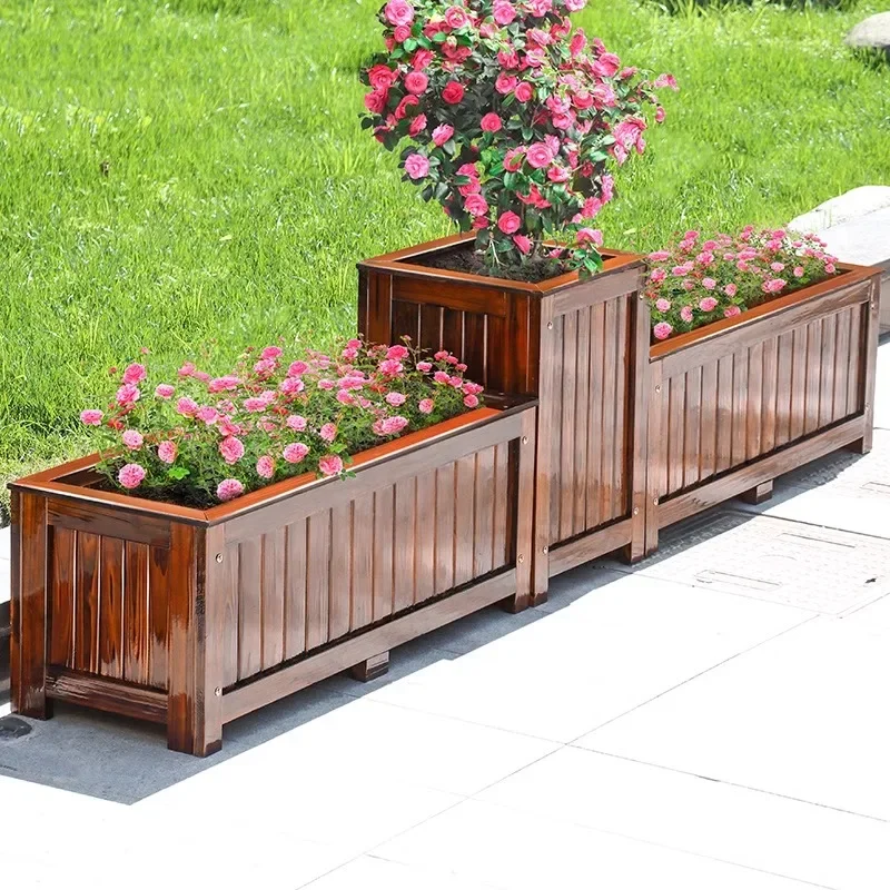 Outdoor flower pot plus nutrient soil preservative wood flower box planting box rectangular courtyard large tree box balcony gro