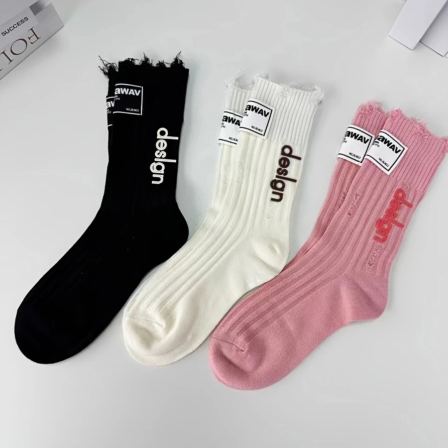 3 Pairs of Hole Beggar Non-Slip Socks for Women with Cloth Label Hot Stamping Stereo Large Letters Mid-Tube Pile Socks