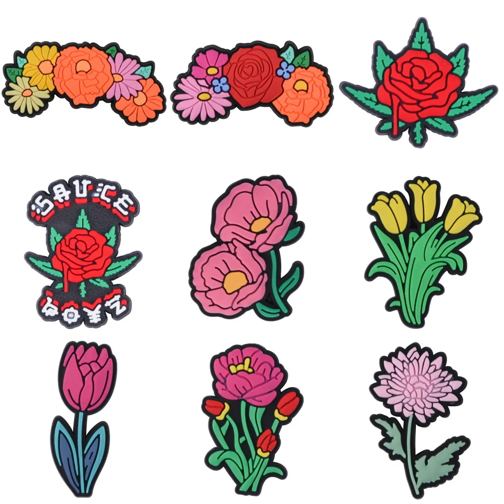 Amuletos coloridos de decoração de flores para adolescentes, planta verde, folha e rosas vermelhas, pop, meninas e meninos presentes, pop, 2024