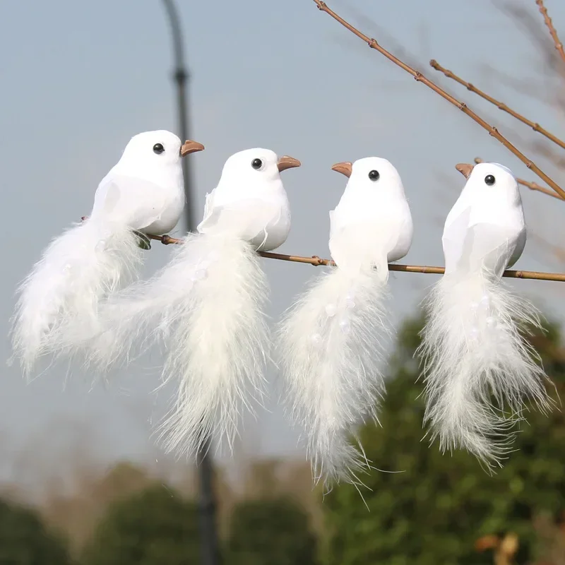 2025 2pcs White Simulation Dove Long-tailed Pearl Decorated Bird Imitation Feather Wedding Decor Home Xmas Decorative Pigeon