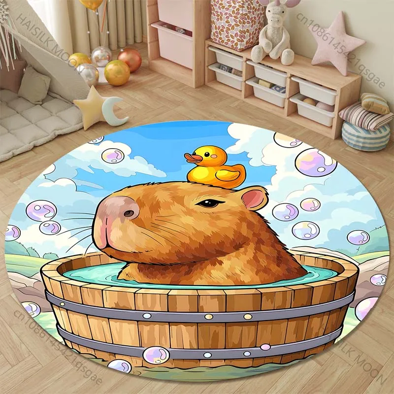 5 Sizes Capybara Cartoon Print Round Rugs for Bedroom Area Floor Mats for Kids Room Chair Mat Carpet Living Room for Gifts