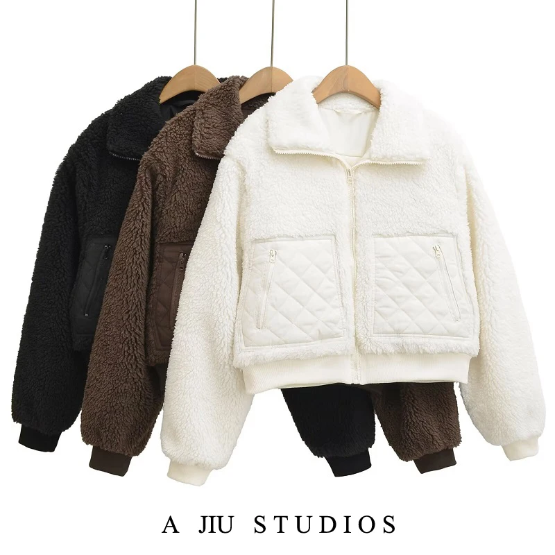 Retro American Lamb Fur Patchwork Stand Collar Short Thickened Zipper Jacket Women's Autumn Winter Casual Loose Coat Top