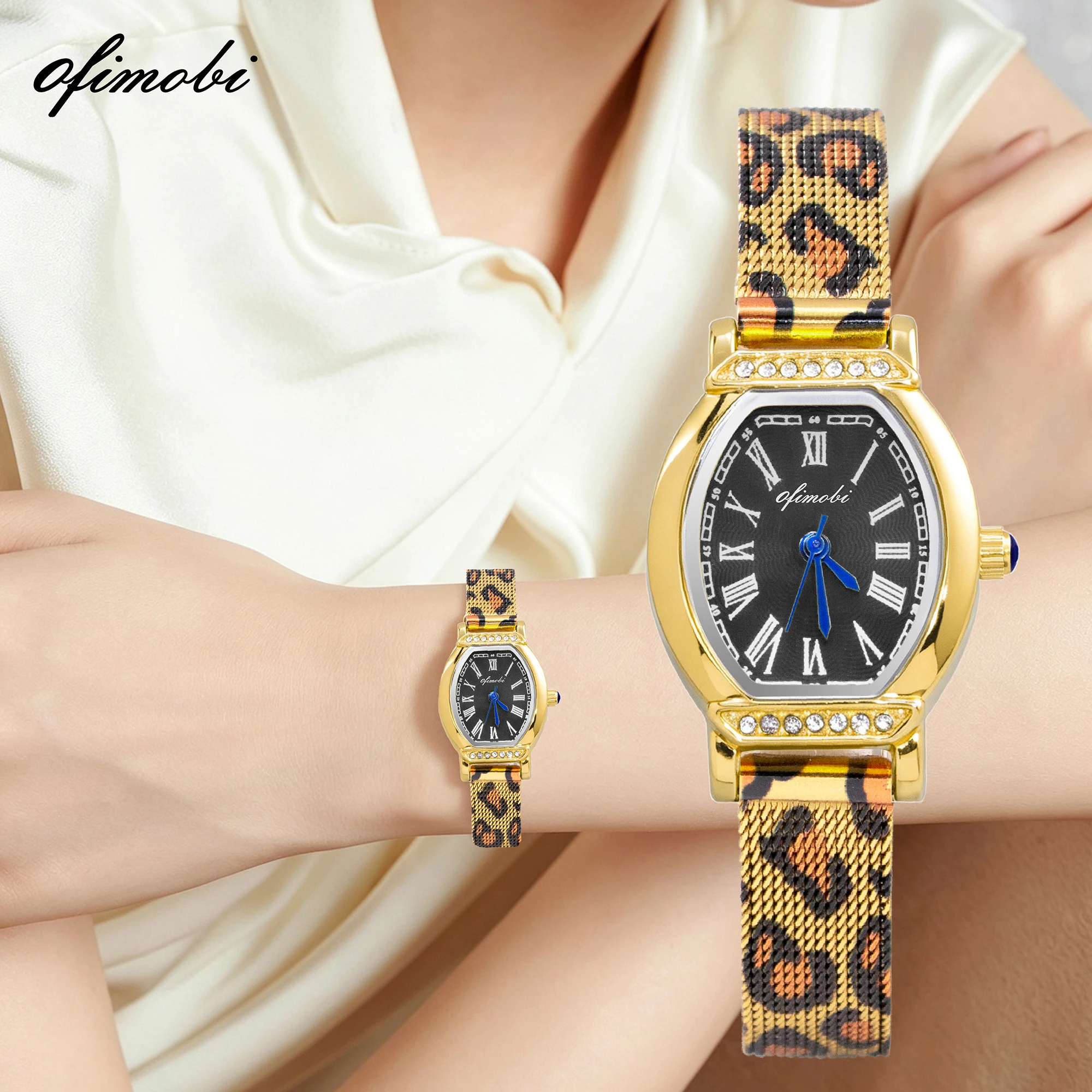 OFIMOBI Women Quartz Watch Leopard-print Milanese Strap Roman Numeral Crystal Decor Small Dial Daily Water Resistant Dress Watch