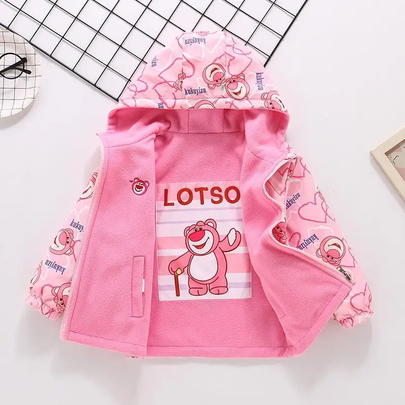 

Двусторонняя флисовая куртка Lotso Toy Story для девочек, осень 2022, бархатное ветрозащитное пальто с капюшоном для подростков, детская одежда