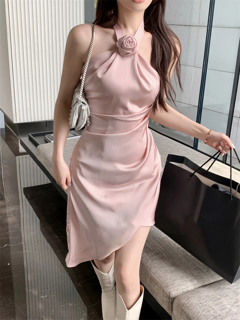 Sexy Backless Rose Flower Sleeveless Off Shoulder Female Clothing Elegant Party Sweet Casual Woman Satin Pink Mini Dress Summer