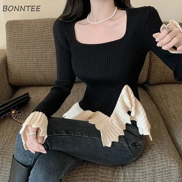 

Pullovers Women Vintage Patchwork Design Leisure Comfort Spring Female Square Collar Korean Style Fashion Elegant Gentle Slim