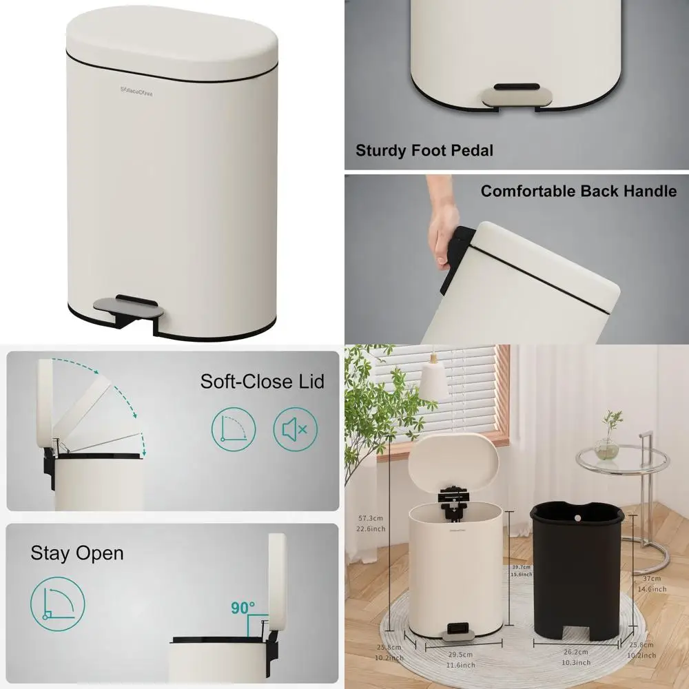 

Oval Brushed Stainless Steel Trash Bin with Soft Close Lid and Removable Inner Bucket for Bathroom and Office Use