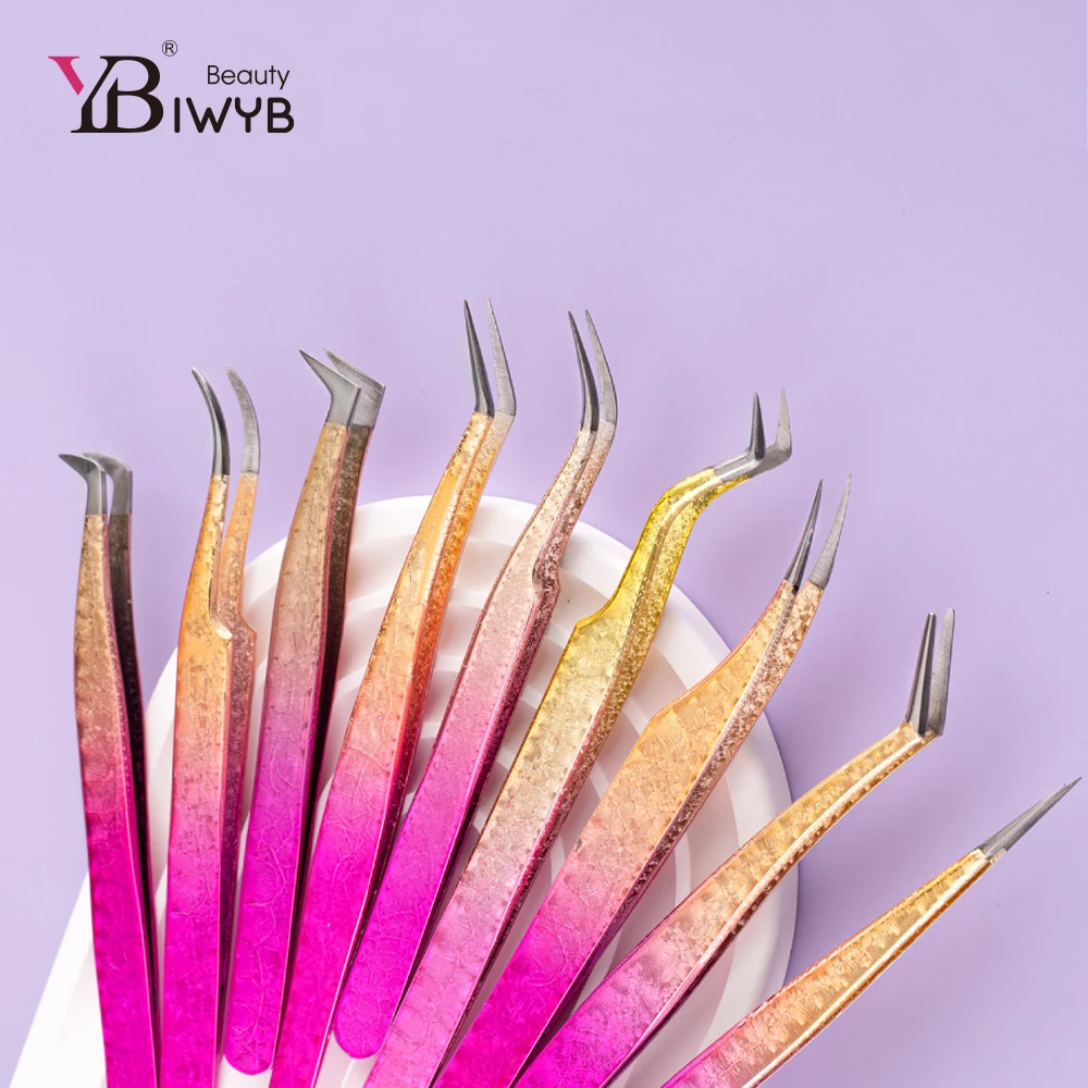 IWYBBeauty الملونة الرموش الملقط عالية الدقة ملاقط من الفولاذ المقاوم للصدأ مكافحة ساكنة pincette رمش ماكياج تمديد أدوات