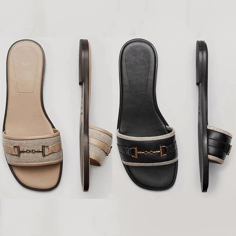 

Withered French Commuting Casual Flat Bottomed Fashionable Slippers Toes And Metal Buckles For Casual Comfortable Shoes Woman