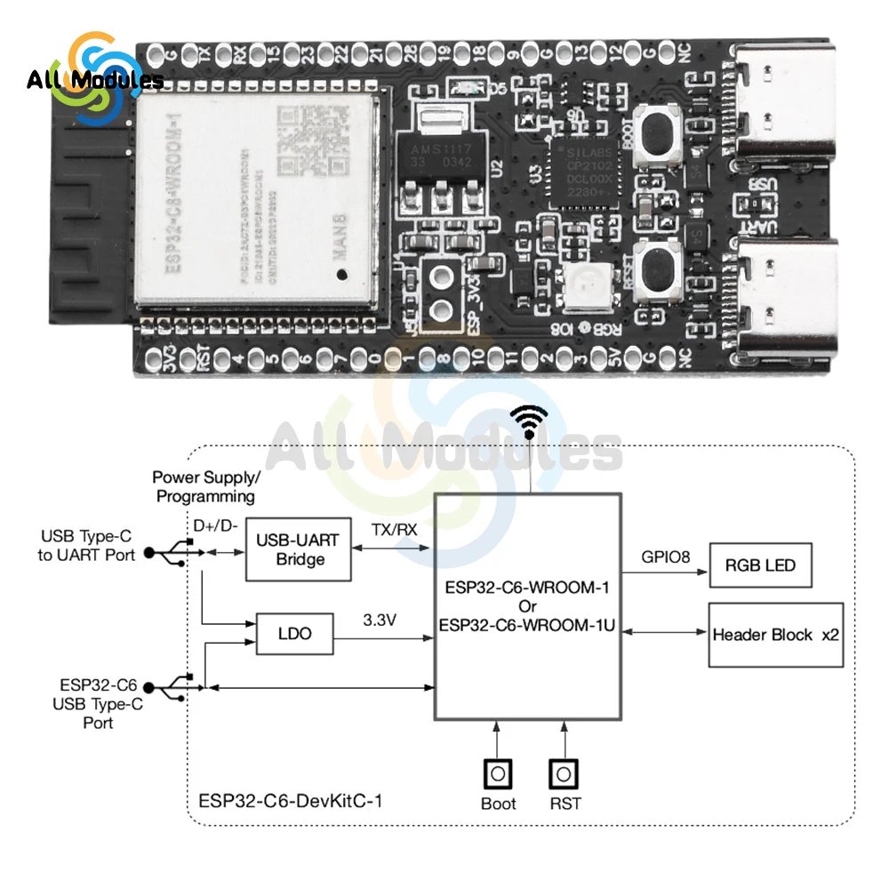 ESP32-C6-DevKitC-1 WiFi Bluetooth Development Board Core Board CP2102 Onboard ESP32-C6-DevKitC-1-N8 Module TYPE-C Interface