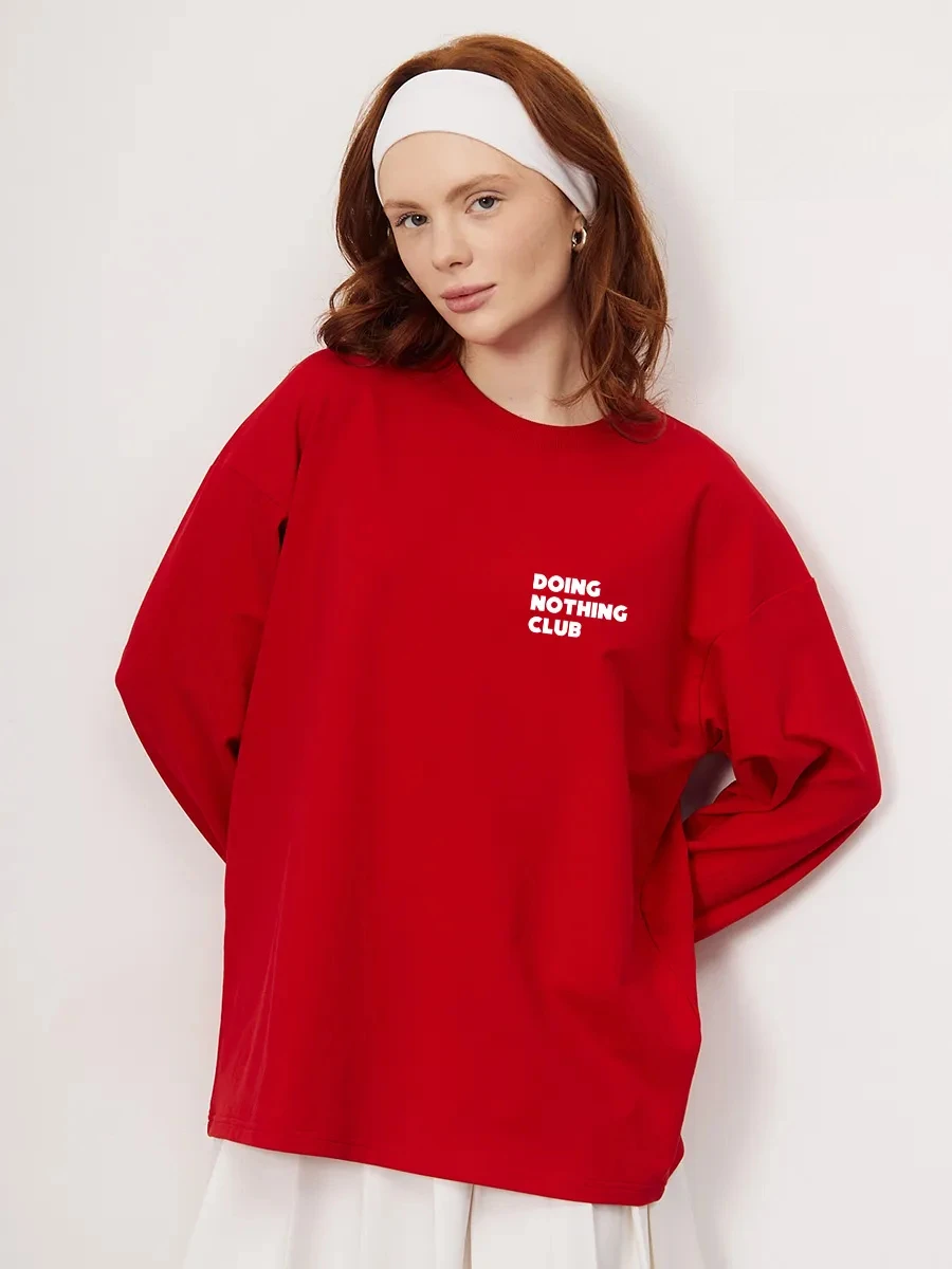100% Cotton Long Sleeve Fashion Ladies T‑Shirt Minimal Letter Print Red Loose Fit Autumn New Women Casual Basic Top