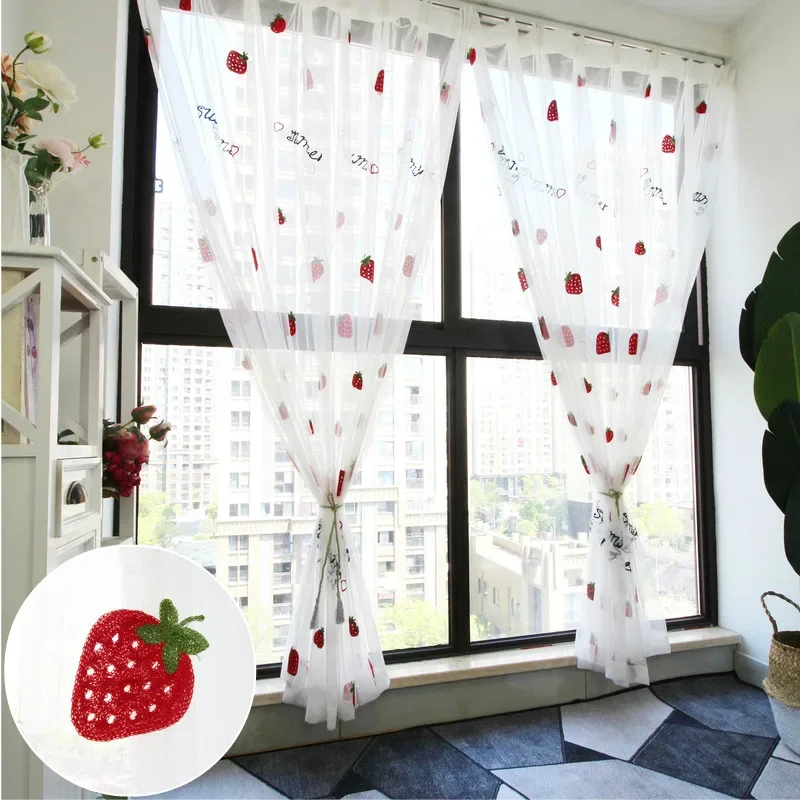 Cute Strawberry Tulle Curtains for Girl Kids Room Curtains Living Room Bedroom Window White Embroidered Sheer