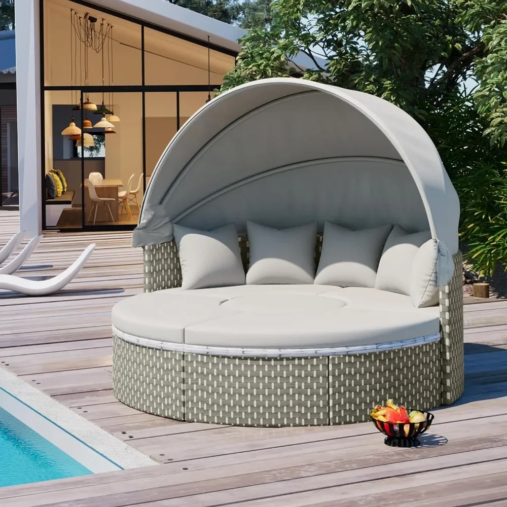 Patio Rattan Sunbed with Retractable Canopy, Round Outdoor Sectional Sofa Set with Separate Seating,liftable Table and Removable