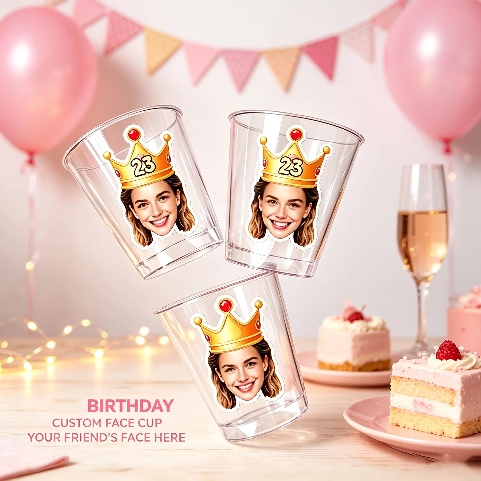 5-Piece Set of Customized Face-Shaped Wine Glasses, Customizable Crown Year Number, Transparent Plastic Shot Glasses, Birthday Party Favors, Unique Birthday Commemorative Gifts