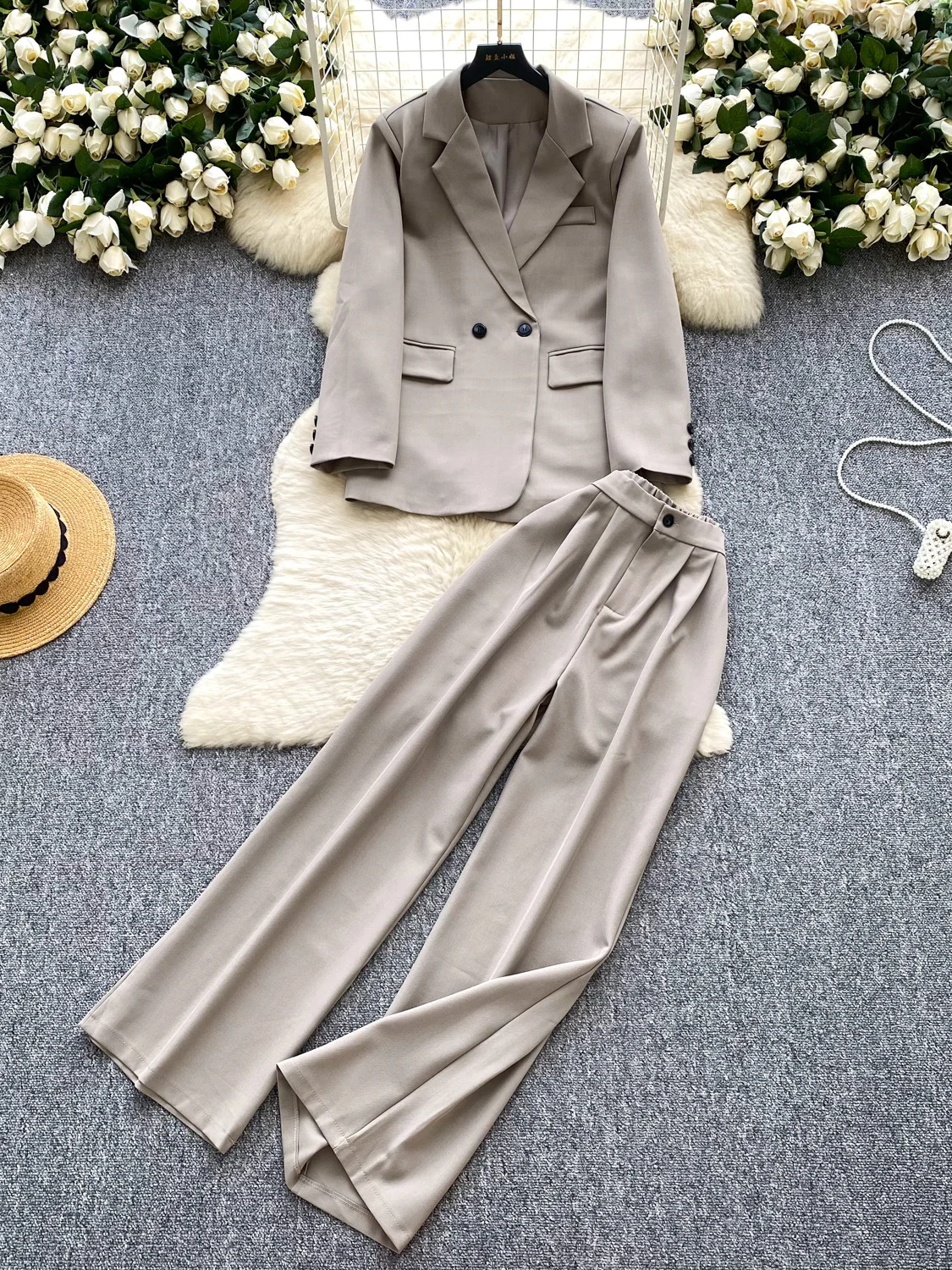 

Элегантный женский осенний костюм с длинными рукавами, топ + прямые брюки с высокой талией