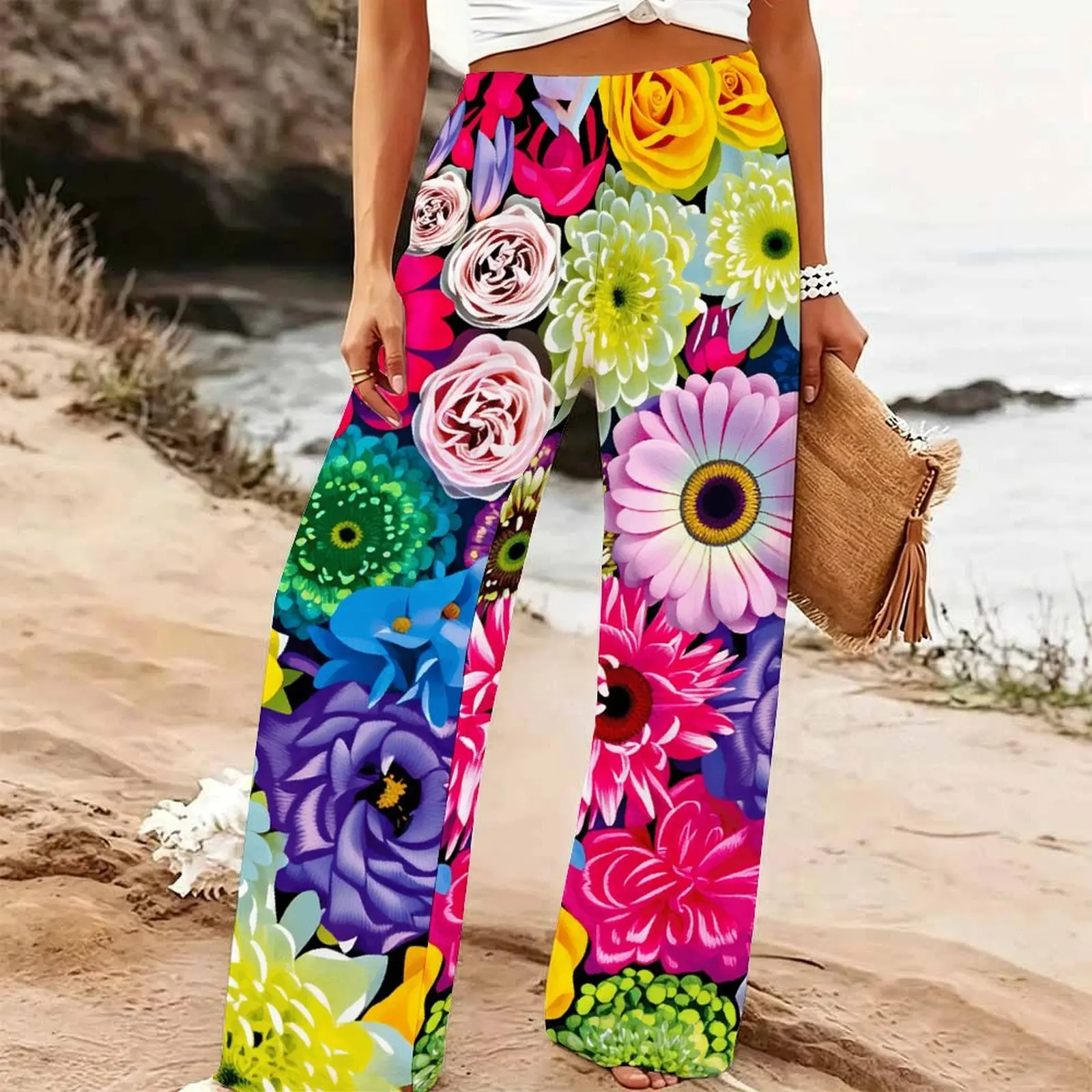 Autumn Winter Women High Waisted Wide Leg Pants Printed Trousers Retro Mopping Pants Loose Jogging Pants Elegant Yoga Pants