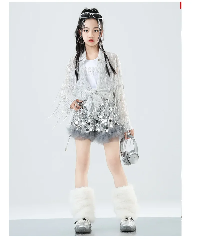 Jazz-Tanzkostüme für Mädchen, glitzernde Pailletten- und Fransenhemden für Kinder, Bühnenoutfit für Gruppenauftritte, Mädchen-Gruppen-Tanzkostüm für die Laufstegbühne. – Detail 5