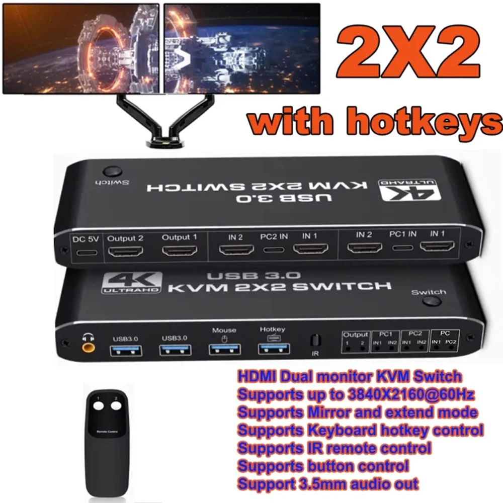 2x2 KVM Switch 4K 60Hz Dual Monitor KVM Extended Display USB KVM Switcher 2 in 2 out for 2 Computers Share 2 Monitors