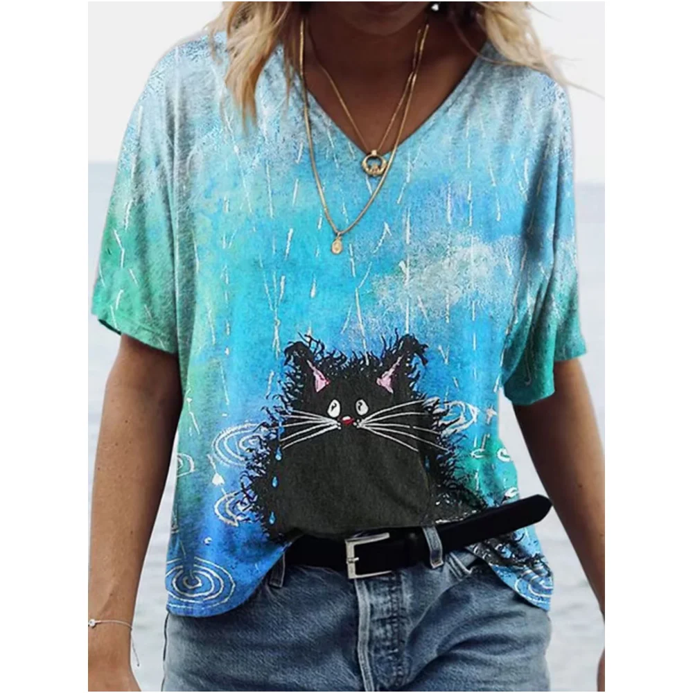 Cute Summer Clothing V-Neck Short Sleeve T-Shirts Plus Size T Shirt 3d Animals Printing Tops Casual Pullover Tee Women\'s Clothin