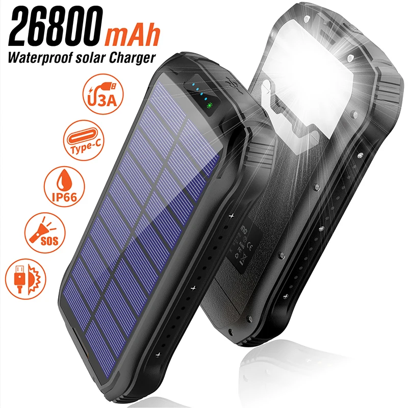 

26800mAh Wireless Solar Power Bank Type C 15W Fast Charging Powerbank for iPhone 15 Samsung Xiaomi Poverbank with Camping Light