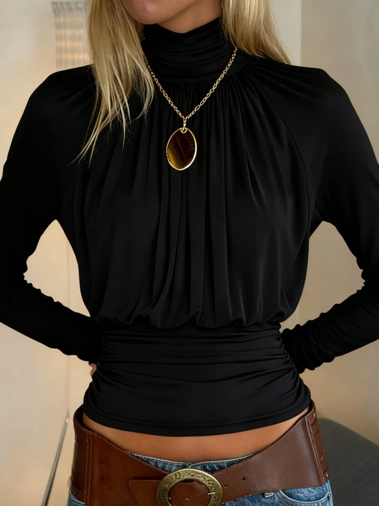 

Однотонные черные футболки для женщин, элегантная одежда, водолазка, женские топы с длинным рукавом, Ropa De Mujer, феминистская рубашка с гофрировкой