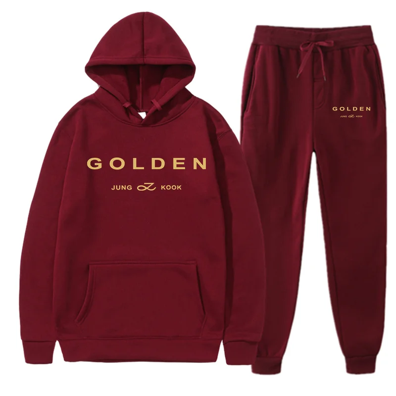 2024New Jungkook Kpop Mens Tracksuit Sports Hoodies Set Golden Album Merch Hooded Sweatshirts and Elastic Sweatpants Fashion Set