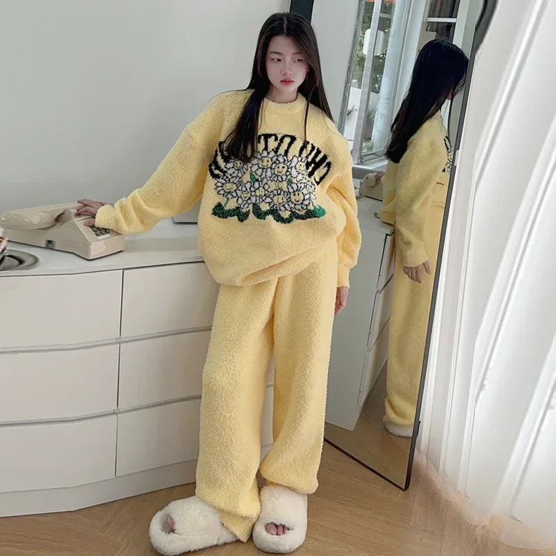 chic teen Girls Thick Plush Half Fleece Home Clothes set autumn Winter Western Leisure Pajamas suit junior kid outfits conjuntos