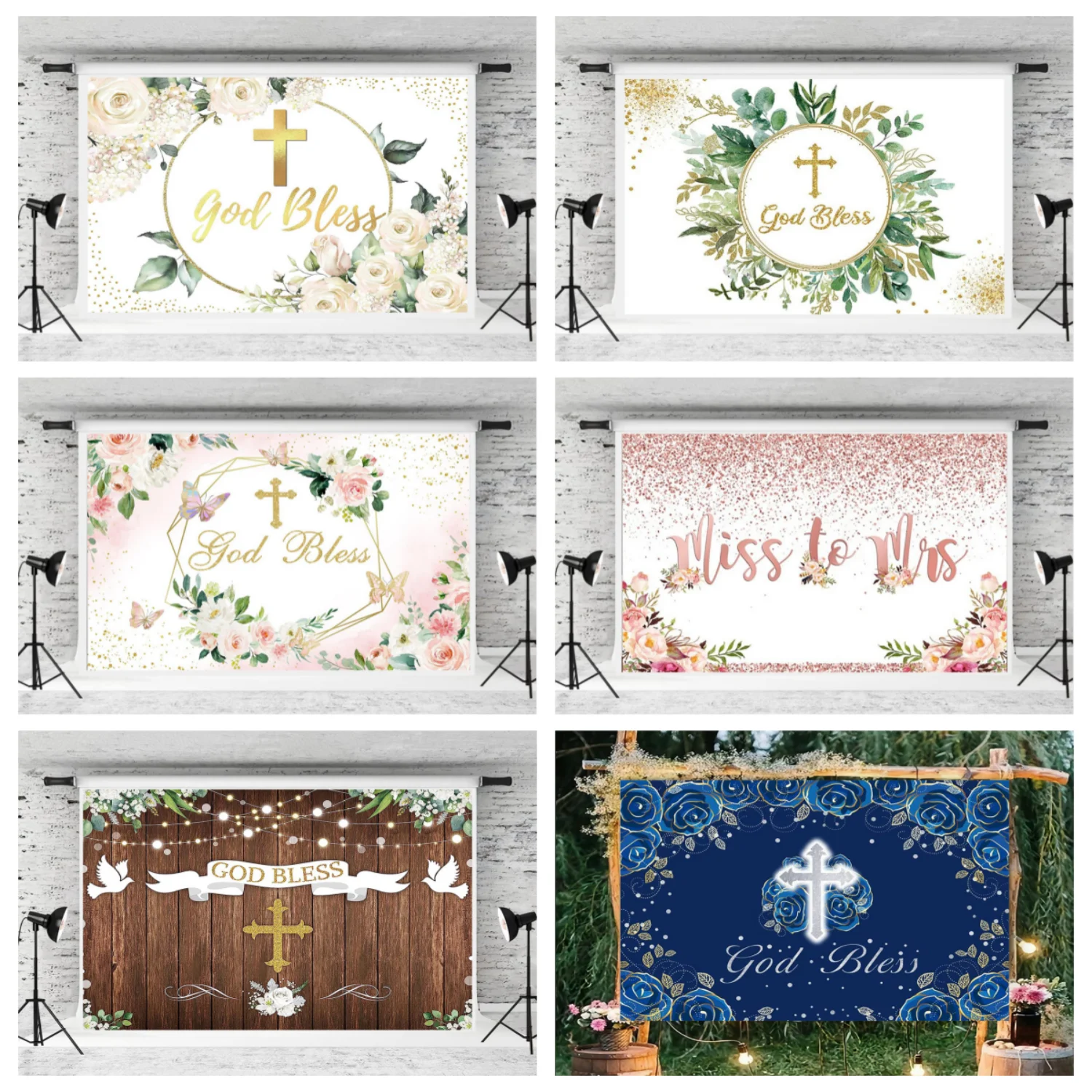 Greenery God Bless Backdrop  Christening Newborn Baby Shower Floral  Rustic Wood Photography Background (BLUE）Photo Booth Props