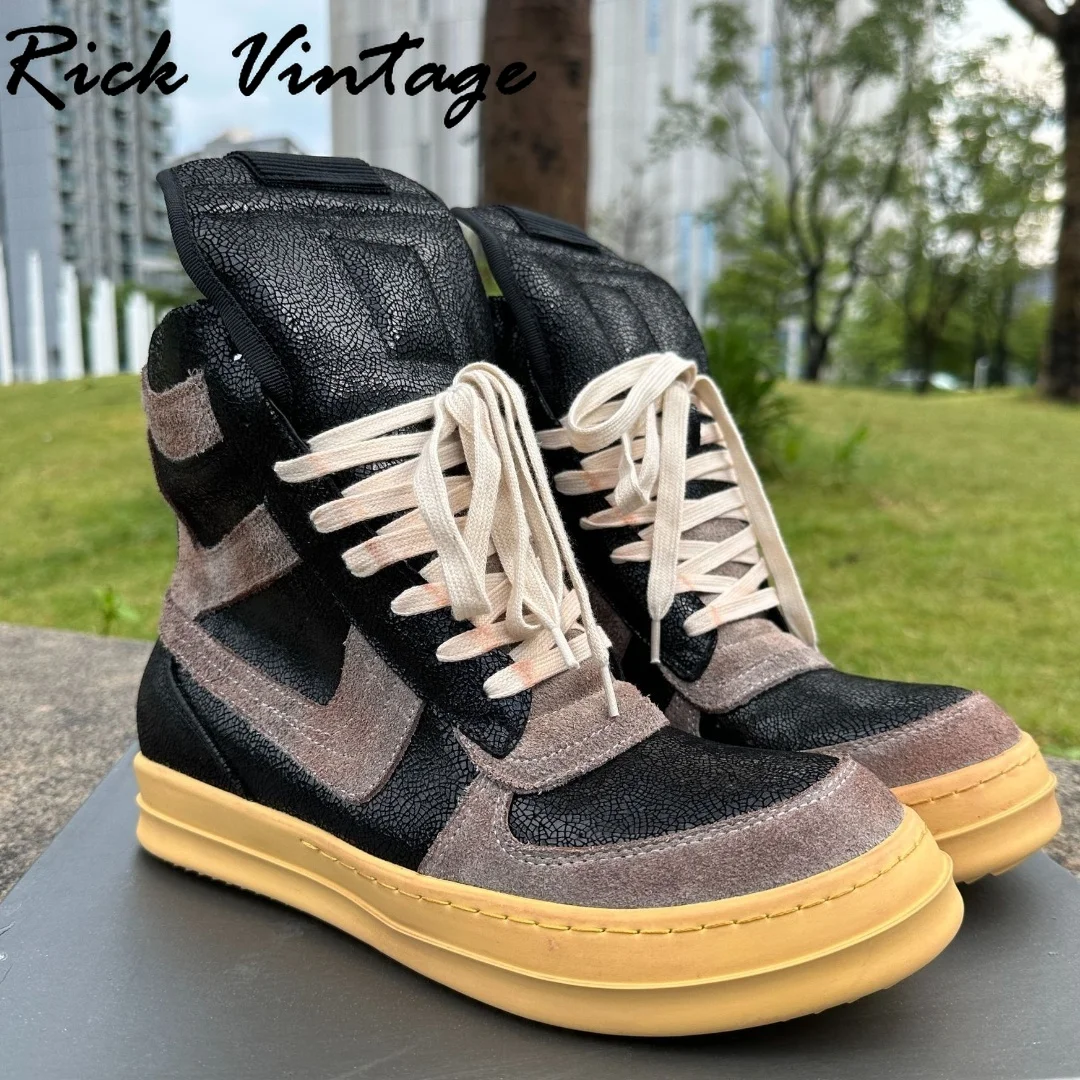 Rick Vintage Quality Men Genuine Leather High-top Ankle Boots Mixed Colors Lace-up Platform Shoes Women Designer Brand Sneakers