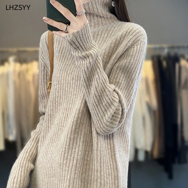 LHZSYY Autumn Winter New 100% Pure Wool Sweaters Women\'s Turtleneck Knit Base Shirt Loose All-match Warm Tops Cashmere Pullover