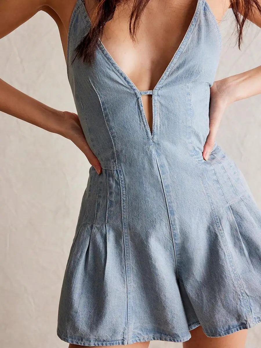 

Women Denim Romper Sleeveless Deep V Neck Shorts Ruffle Wide Leg Summer Streetwear