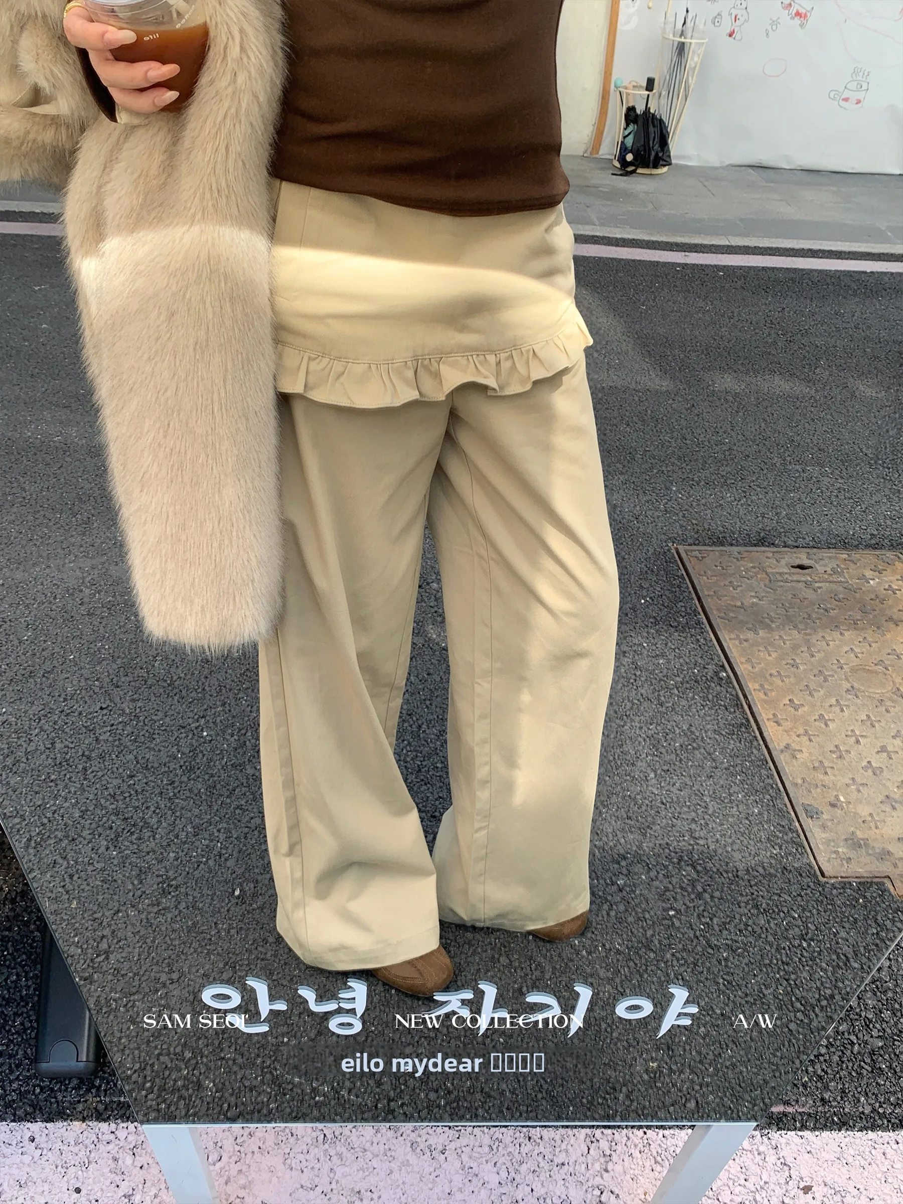 

Sam Seoi Wooden Ear Casual Pants Women's High Waist Wide Leg Straight Cut Autumn New Design Sense Fake Two-Piece Skirt