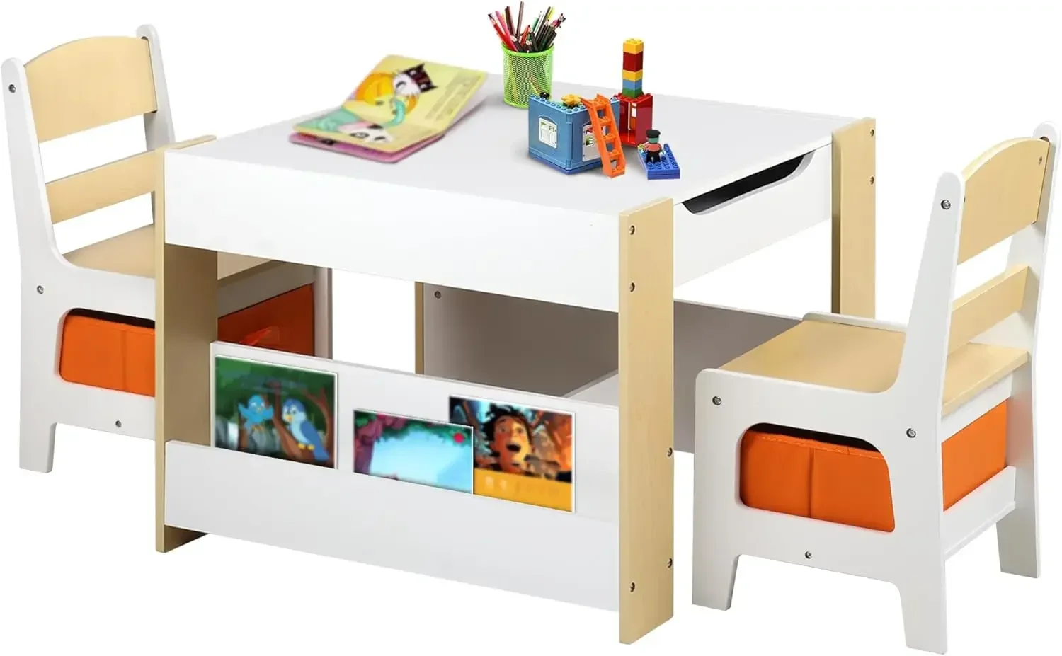 Table en bois King Kids avec 2 chaises, table d'activité pour enfants, bibliothèque double, tableau noir, ensemble de meubles pour tout-petits, art, 4 en 1