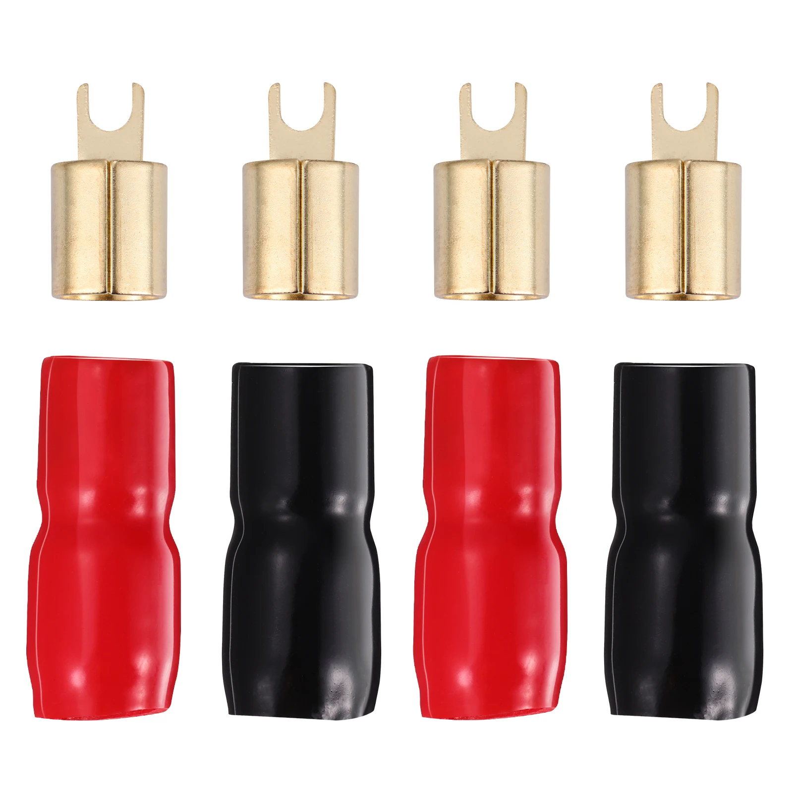 

2Pairs Copper 0ga Spade Fork Adapters Connectors Crimp Barrier Spades Speaker Wire Red Black High Quality Audio