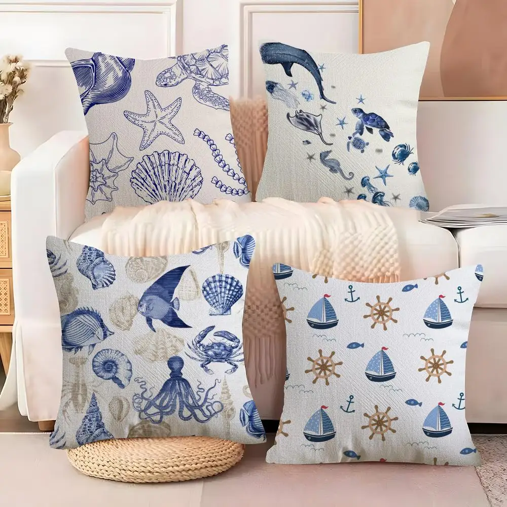 Rudder Anchor Animals Cushion Cover Soft Plush Fabric Double-Sided Printed Sofa Cushion Cover for All Seasons Home Decor Gift