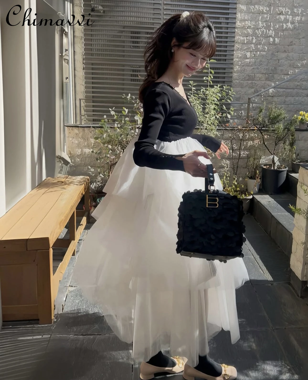 

Japanese Hepburn Style Splicing High-waisted Elegant Puffy Dress Autumn New Sweet Fairy Women Long-sleeved Princess Dresses