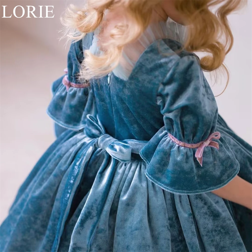 LORIE Cute Blue Velvet Flower Girl Dresses A-Line Half Sleeves Scalloped Pleated Party Dress Fairy Birthday Dress Customized