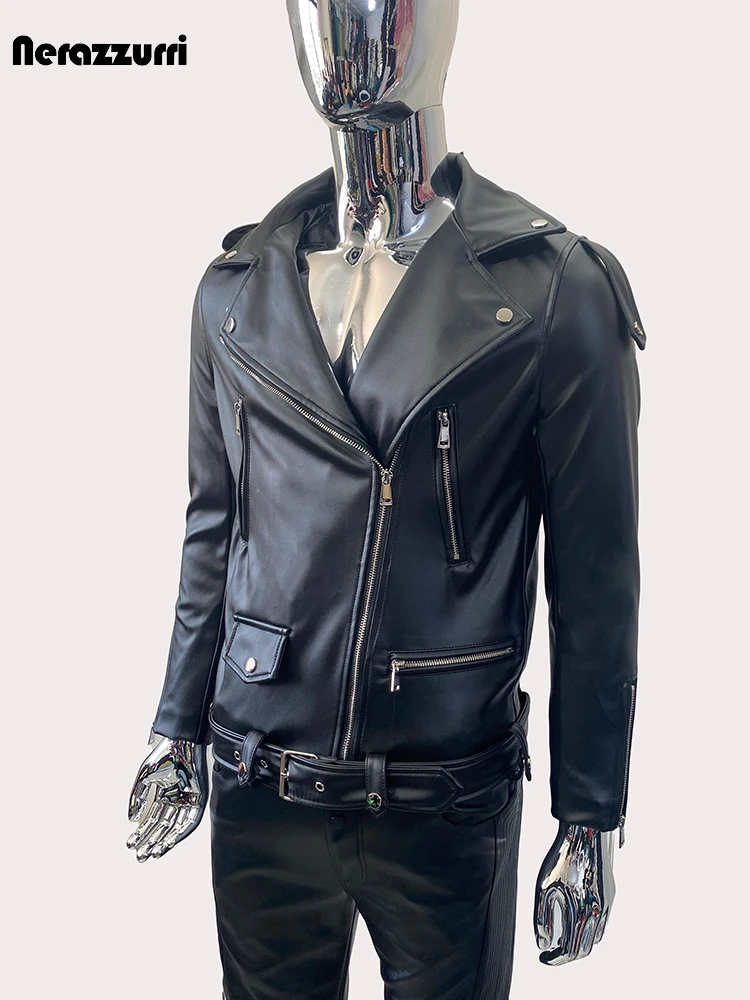 

Nerazzurri Spring Autumn Cool Handsome Soft Pu Leather Moto & Biker Jacket Men with Zipper Belt European Fashion Clothing 2024