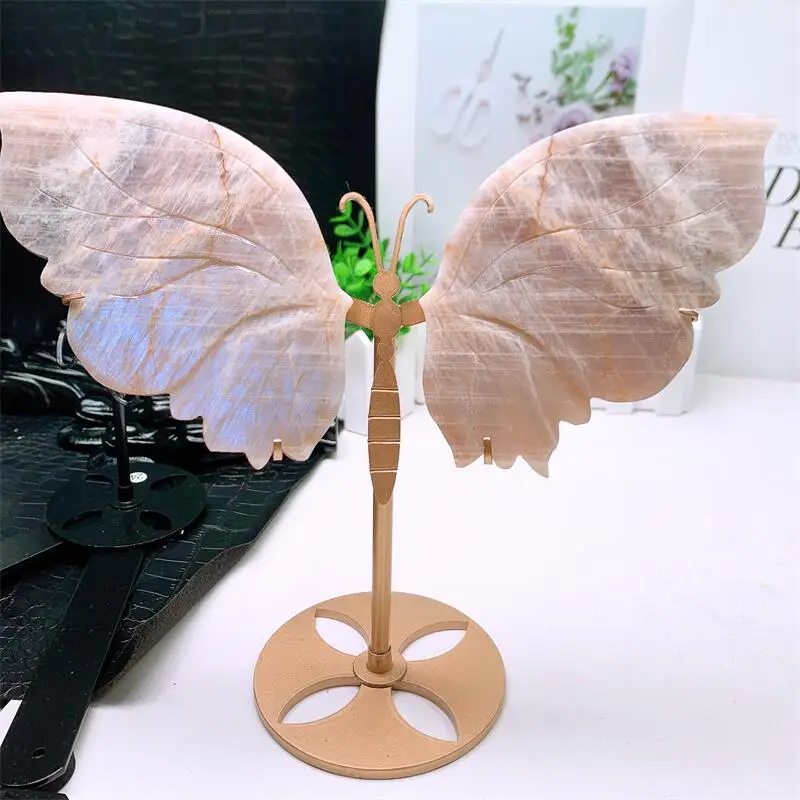 Natural Moon Stone Butterfly Wings Crystal Carving Crafts Healing Energy Lucky Stone Home Decoration Birthday Gift 1pair