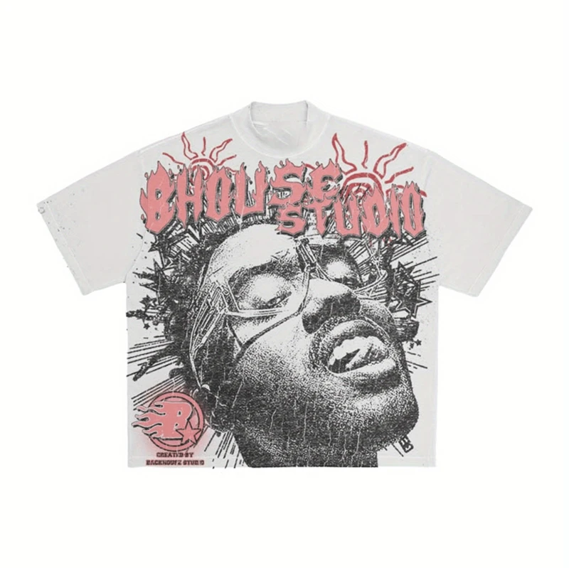 

American Y2K Retro Oversized Printed T-shirt Men's Fashion Hip Hop Street Loose Sports Summer Crew Neck Short Sleeves Women