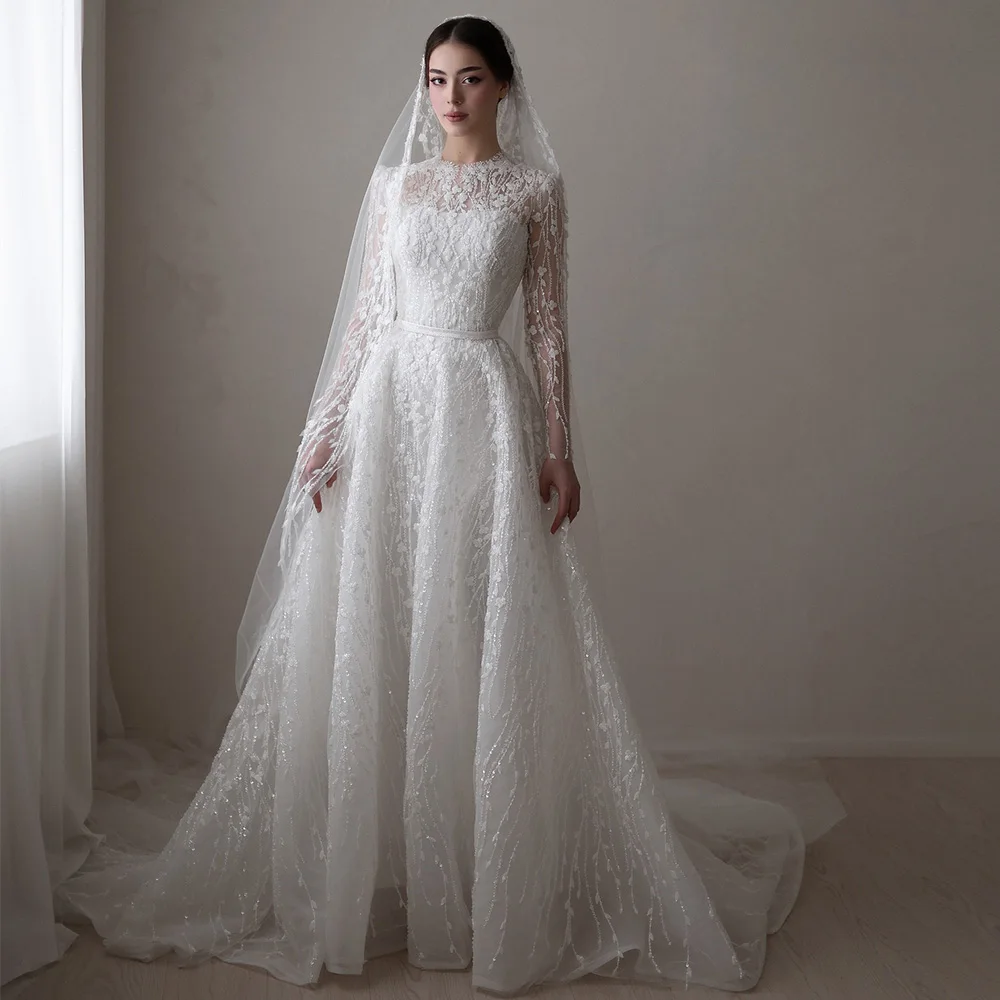 

Delicate Beading O-Neck Wedding Dress Elegant Long Sleeves A-Line Customized Vestido De Novia Dreamy Organza Robe de mariée