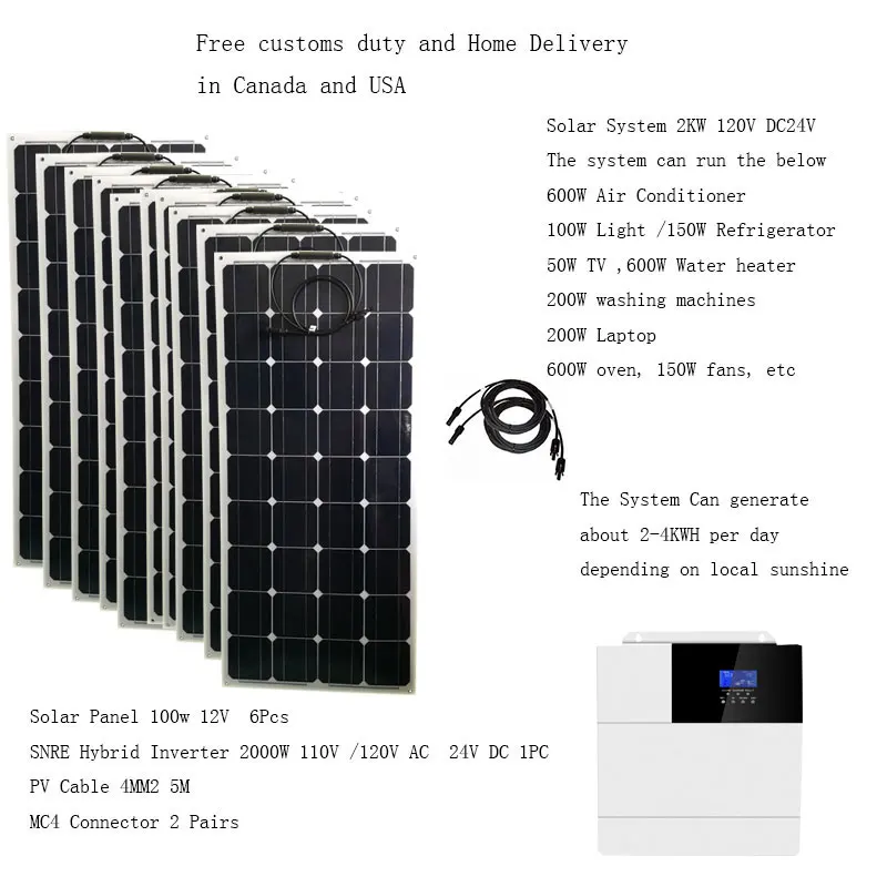 

Solar Panel Kit Complete 2000W 220V 110V Battery Charger PV Panel 100W Hybrid Inverter Off Grid Home System Camping Car Caravan