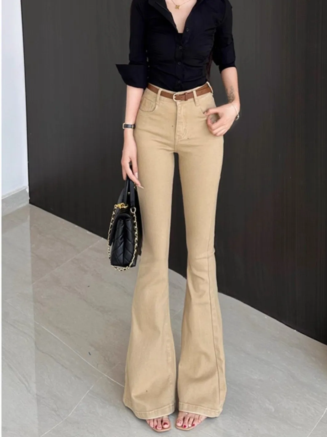 

Утягивающие модные джинсы-колокольчики цвета хаки с высокой талией, женские весенне-летние новые повседневные износостойкие широкие брюки