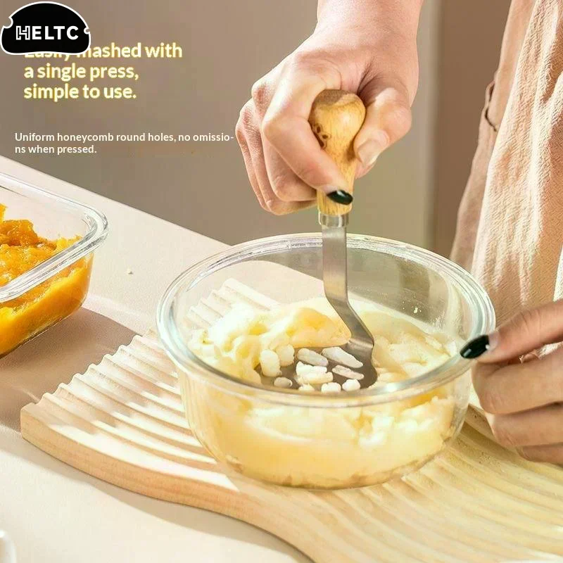 Stainless Steel Potato Masher With Wooden Handle, Food Grade Potato Masher Tool For Home Baking, 12.5x5.5cm, 430 Stainless Steel