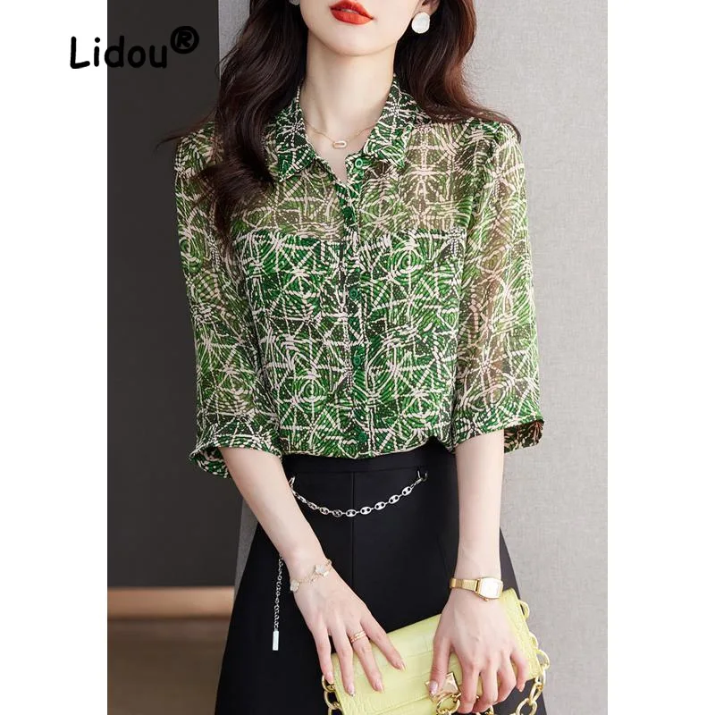 Classic Temperament Printing Single-breasted Blosue Women Office Versatile Polo Collar Summer Half Sleeve Chiffon Lady Shirt