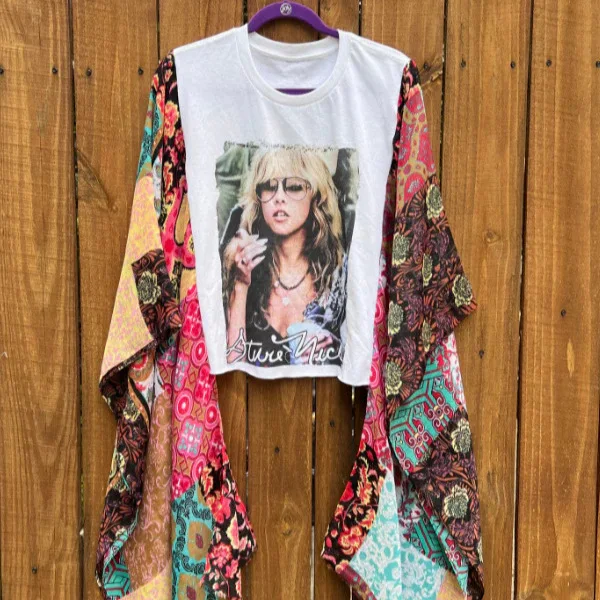 Trendy Women's Blouse 2025 Autumn Spring Vintage Print Loose Tops Simple Crew Neck Batwing Sleeve Patchwork Shirt One Size Tee