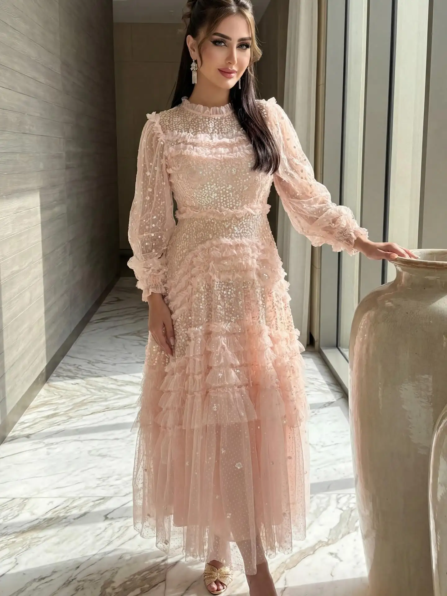 Customize Elegant Pink Sequin Lace Ankle Length Festival Dress Women High Neck Ruffle Long Sleeve Formal Evening Party Prom Gown - view 3